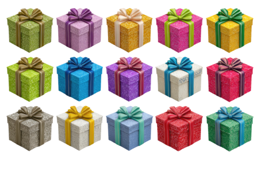 Colorful gift boxes arranged in a grid pattern.  Each box has a ribbon and glitter