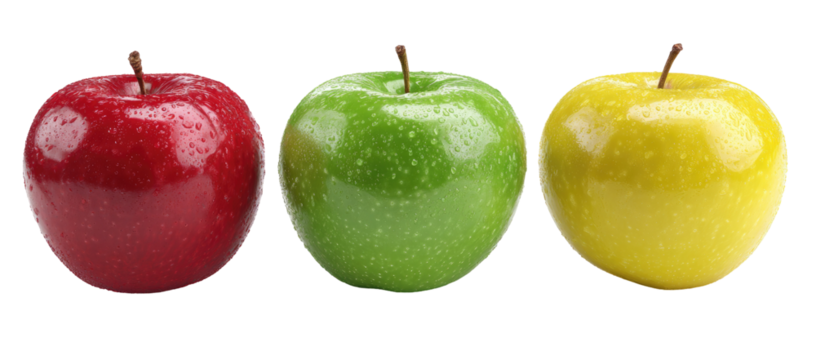 Three whole apples, red, green, and yellow, in a horizontal row