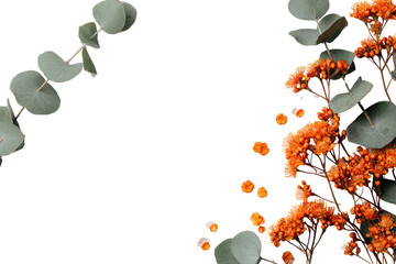 A minimalist floral frame with muted colors.  A border of soft green eucalyptus leaves and clusters of tiny, orange flower-like sprigs fills the corners against a black background. 