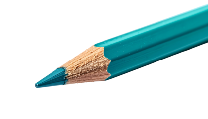 Close-up of a single sharpened turquoise colored pencil against a stark black background
