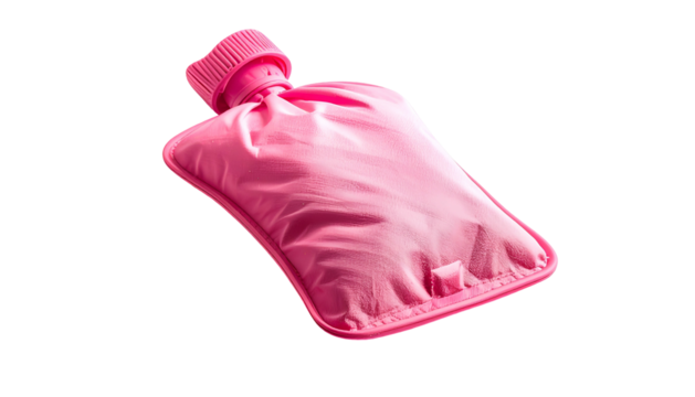 Pink rubber water bottle, for heat therapy, angled, isolated against black backdrop