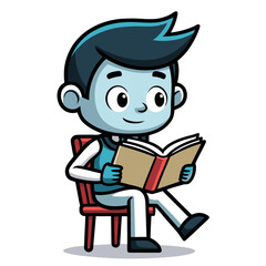 Cartoon boy with blue skin reading a book on a red chair Keywords: boy, child, reading, book, sitting, chair, cartoon, illustration, education