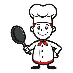 Cartoon chef holding a frying pan with a smile Keywords: chef, cook, cartoon, character, man, male, food, cooking, kitchen, restaurant