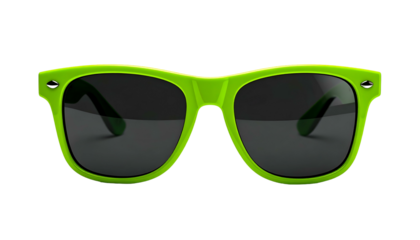 Bright green-framed sunglasses with dark lenses on black. Front view, classic shape