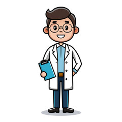 Cartoon scientist man in lab coat holding clipboard