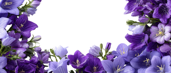 Close-up of a vibrant floral arrangement, shades of purple and blue bell flowers.  A circular frame of blossoms
