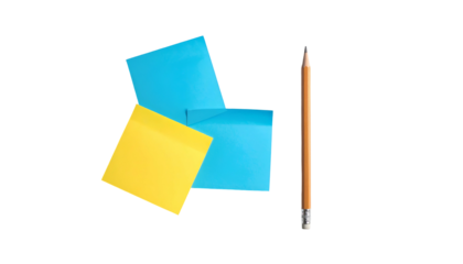 Bright yellow and blue sticky notes cluster near a sharpened pencil against a black background