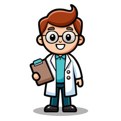 Cartoon scientist with glasses holding a clipboard on white background