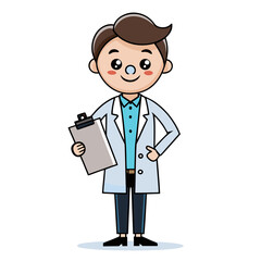 Cheerful Cartoon Doctor with Clipboard and Hand on Hip