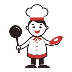 Cheerful Chef Character with Spoon and Red Plate Keywords: chef, cartoon, character, cooking, kitchen, food, illustration, man, male, cook