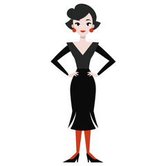 Woman in black dress with red accents and red earrings Keywords: woman, black dress, red accents, red earrings, fashion, style, retro, vintage
