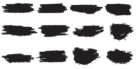 A collection of twelve abstract black grunge brush strokes with rough distressed textures and frayed edges.