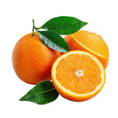 Fresh oranges, whole and sliced, with vibrant color and leaves
