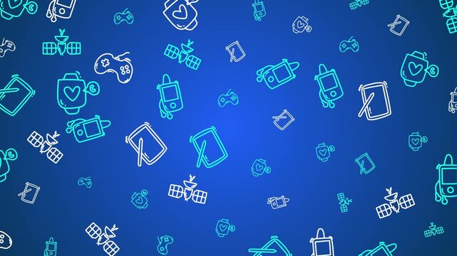 Tech bg vibrant blue technology drawings showcase satellite gaming consoles and phones with elegant overshoot animation.