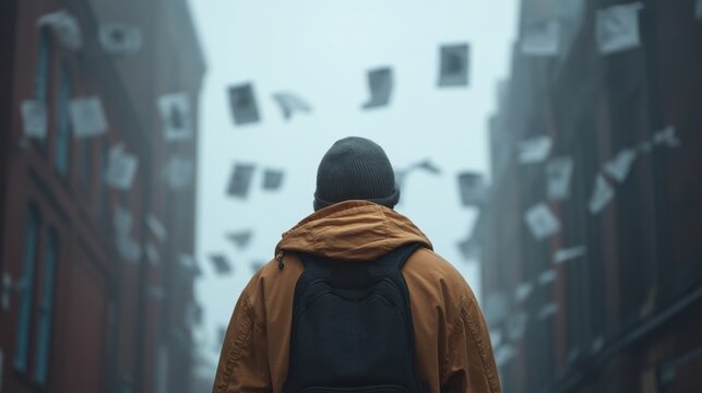 A solitary figure observes a misty alley scene adorned with fluttering posters, creating an atmosphere of mystery and intrigue in an urban backdrop.