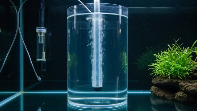 Clear cylindrical aquarium tank with aeration tube  Water is circulated with an air pump