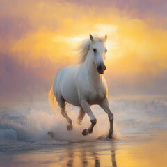 an arabic horse running in the water on the beach. Sunset in the ocean background with bright yellow orange and pink colours


