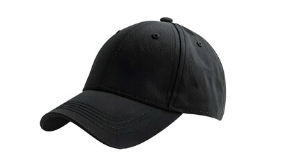 Fototapeta premium A classic black baseball cap with a curved brim, isolated against a black background