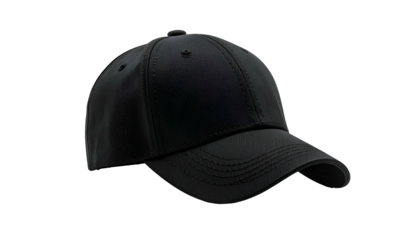 A simple, black baseball cap, angled, with a curved bill and a few subtle seams