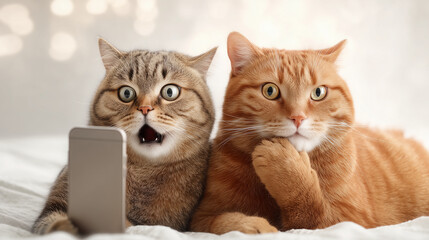 A high-quality, realistic meme-style image featuring two cats interacting humorously. The first cat is holding or looking at a smartphone with a shocked or surprised expression
