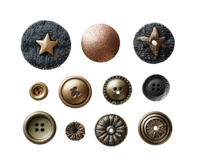 Assorted decorative buttons in various shapes and finishes