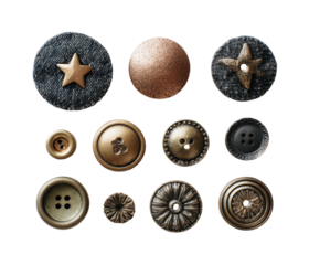 Assorted decorative buttons in various shapes and finishes