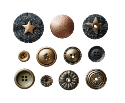 Assorted decorative buttons in various shapes and finishes