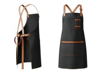 Two dark denim aprons with leather straps and pockets isolated on transparent background
