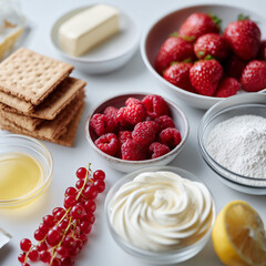 A close-up shot of neatly arranged dessert ingredients on a white countertop in a bright modern kitchen: fresh red berries (strawberries, raspberries, redcurrants)