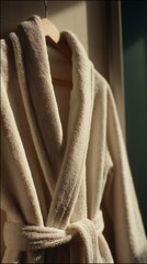 Macro shot of a white bath robe. Natural lighting casting crisp shadows. Extremely close-up shot with detailed textures, focus on the white texture, warm tones, isometric composition on film

