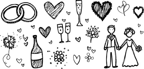 Wedding couple in hand-drawn style with rings, hearts, and flowers. A black outline vector illustration set featuring celebrations and romantic designs.