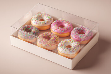 A closed donut box with a transparent plastic lid, clearly showing assorted colorful donuts inside. The box is plain with no logo or text, placed on a clean neutral surface. Bright natural lighting, 