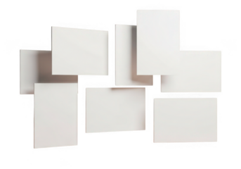 A collage of blank white paper rectangles arranged in a scattered pattern isolated on transparent background