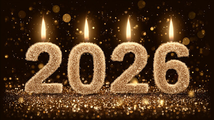 2026 Happy New Year greeting card vector background. 2026 candle beige numbers with fire. Festive sparkle holiday postcard, invitation, banner for social media

