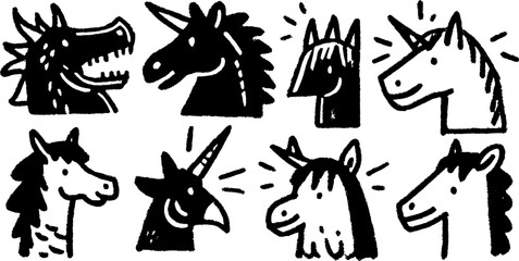 Unicorn and horse silhouettes in hand-drawn style. Simple black outline vector illustration featuring whimsical characters in a set.