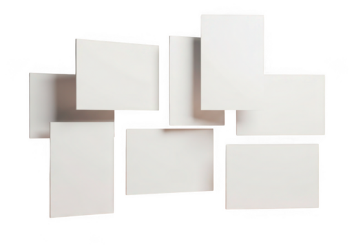 A collage of blank white paper rectangles arranged in a scattered pattern isolated on transparent background