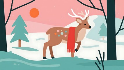 Naklejka premium Deer wearing red scarf in snowy forest
