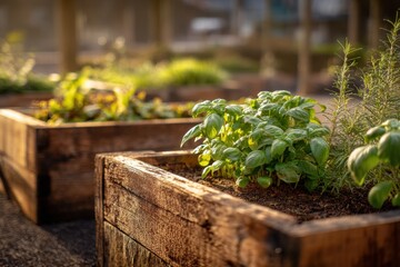 Kitchen garden. Homegrown Produce. Raised garden beds with plants. Vegetable Garden. Healthy veggies and herbs. Vegetables planted in the maintained backyard space during a sunny afternoon