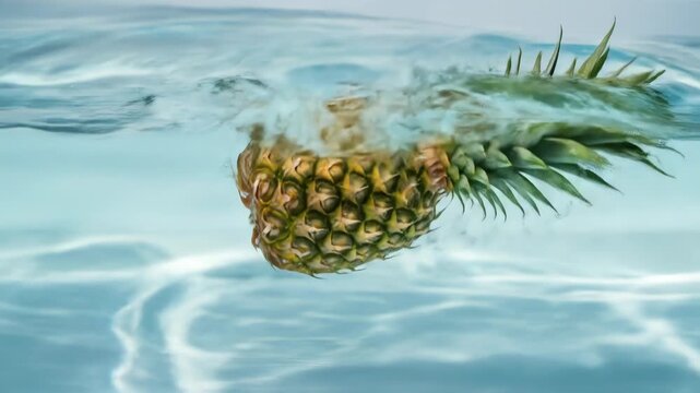 A whole pineapple plunges into clear, shimmering water, creating ripples and bubbles