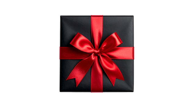 Overhead shot of a square, black present tied with a bright red satin ribbon and bow