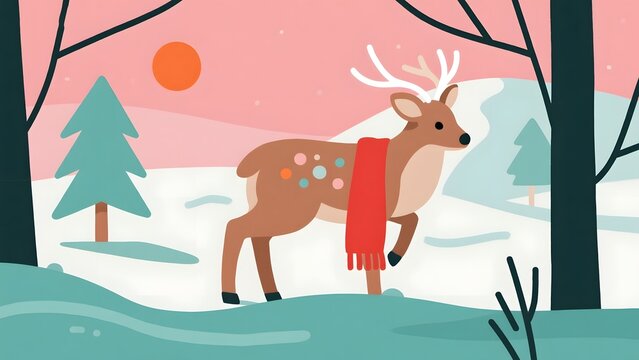 Deer wearing red scarf in snowy forest