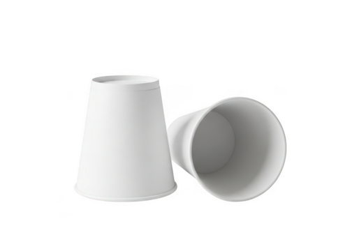 Two plain white paper cone cups one upright and one tilted on a transparent background isolated on transparent background
