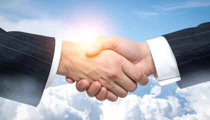 Two figures clasp hands in a firm handshake against a cloudy sky