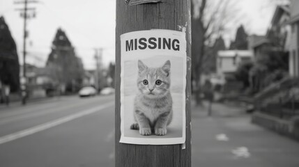 Missing Pet Poster for Cat on Telephone Pole in Neighborhood Street, Black and White Photography Capturing Community Emotion and Concern