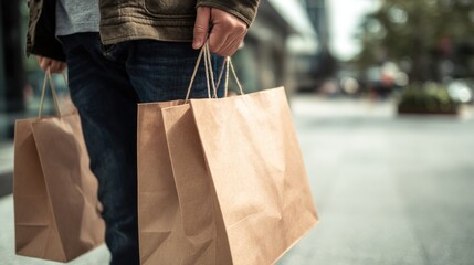 man holding paper shopping bags outdoors