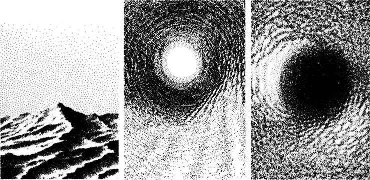 Black and white mountain landscape with textured patterns. Abstract vector illustration emphasizing simplicity and contrast in design.