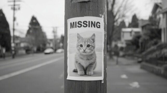 Missing Pet Poster for Cat on Telephone Pole in Neighborhood Street, Black and White Photography Capturing Community Emotion and Concern