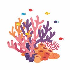 Flat Style Detailed Coral Reef Habitat with Fish Underwater Illustration