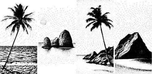 Palm trees and rocky islands create a beach scene. Black and white vector illustration featuring a minimalist design and textured patterns.