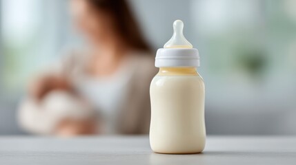 A Close-Up of a Baby Bottle in Focus with a Mother Breastfeeding in a Blurred Background, Capturing a Tender Moment of Nurturing Connection